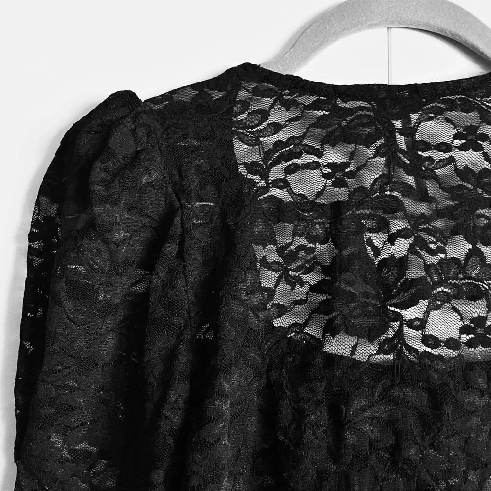 Anthropologie Puff-Sleeve Sheer Lace Top Blouse in Black Onyx Size S NWT